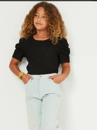 Girls Ribbed Pleated Shoulder Puff Sleeve Top