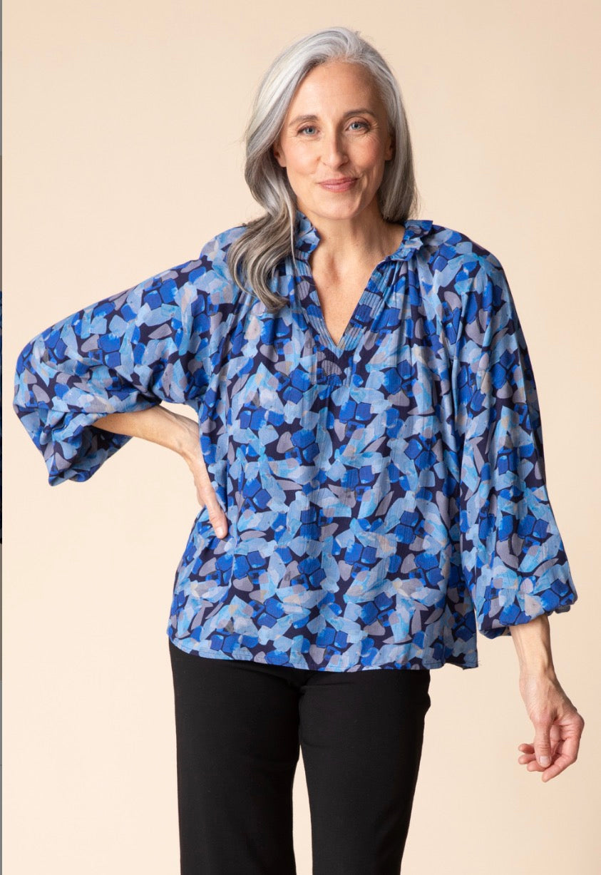 HABITAT RAYON CREPE PAINTED STONES RUCHED COLLAR SHIRT