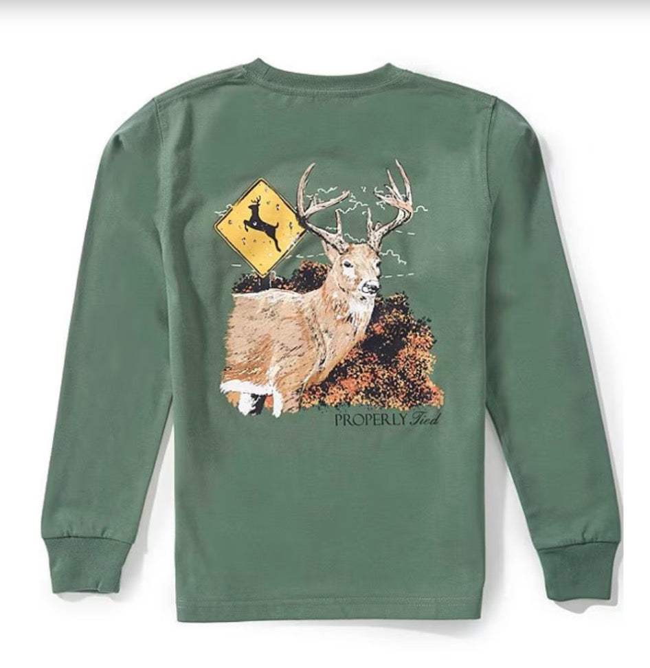 Properly Tied Boys Deer Crossing Long Sleeve Graphic T-Shirt