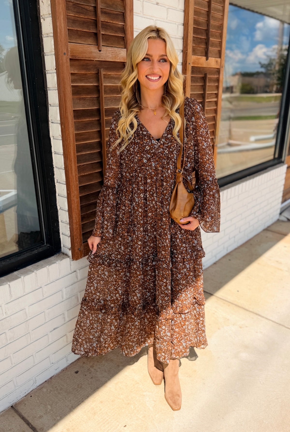 Floral Organza V Neck Long Sleeve Tunic Midi Dress