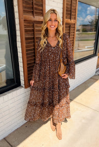 Floral Organza V Neck Long Sleeve Tunic Midi Dress