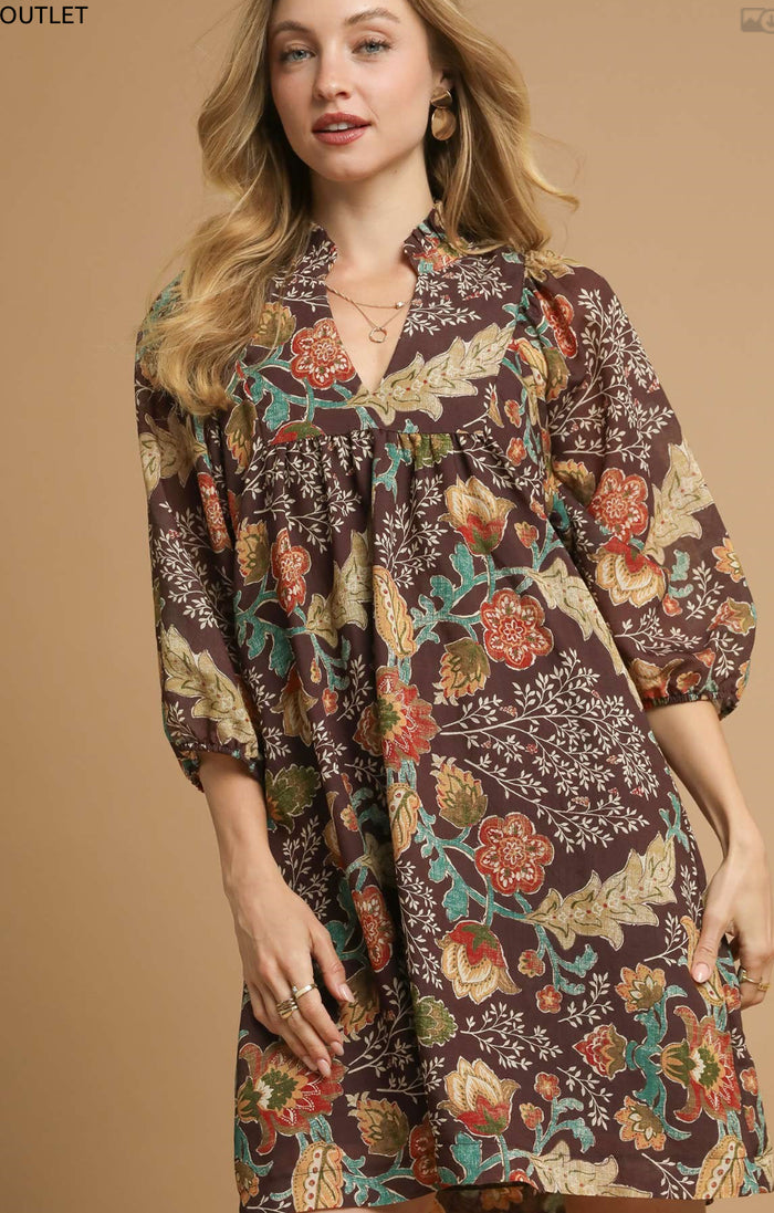 Floral Ruffle Neck Mini Dress