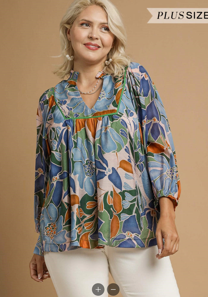 Multicolor Abstract Floral Print Blouse with Ruffle Neck