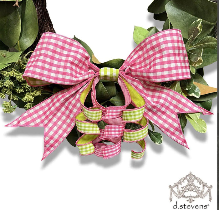 Faux Linen Pink White Check Bow 16 Inch With Lime Backing