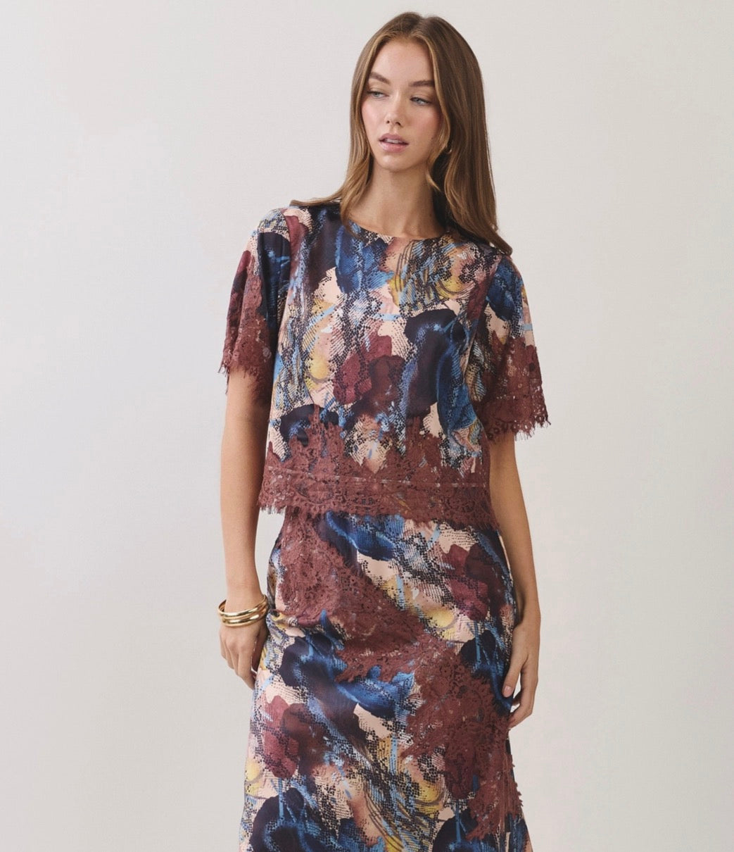 Abstract Print Lace Trim Top