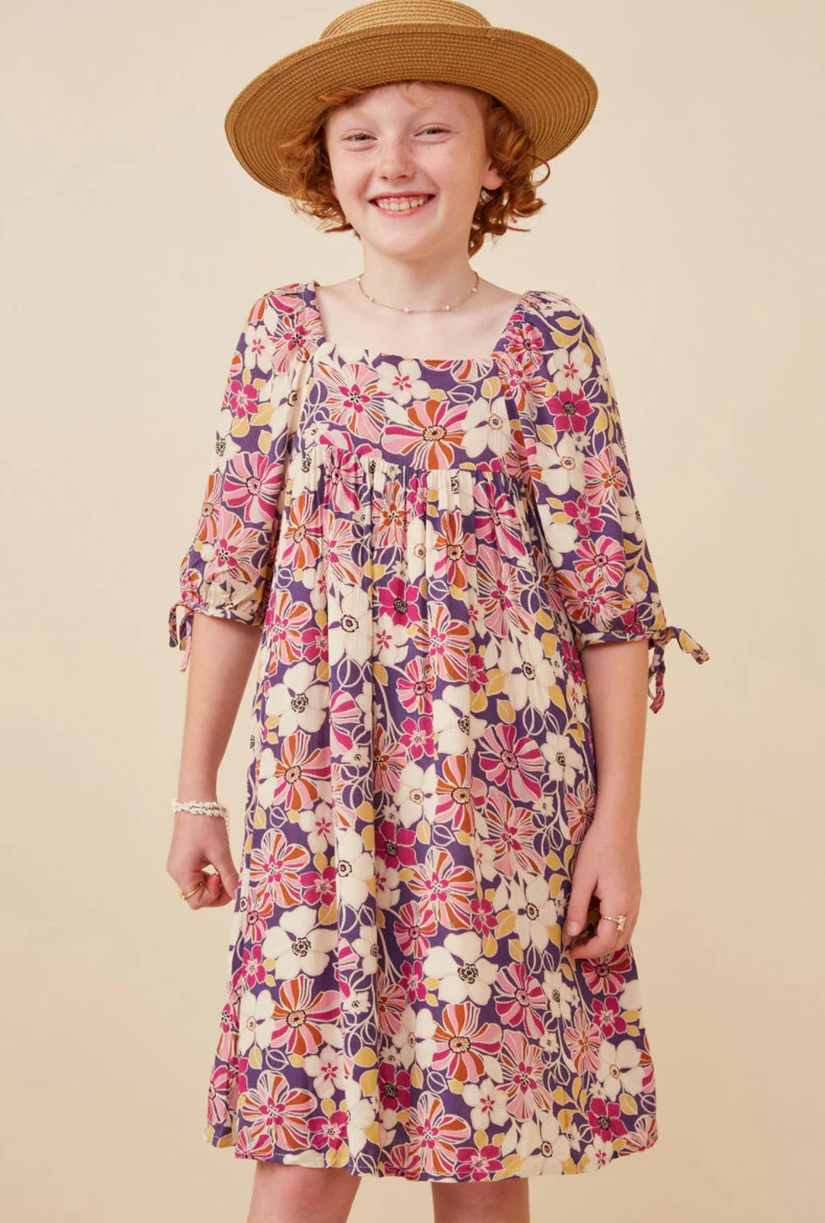 Girls Floral Print Square Neck Tie Sleeve Dress