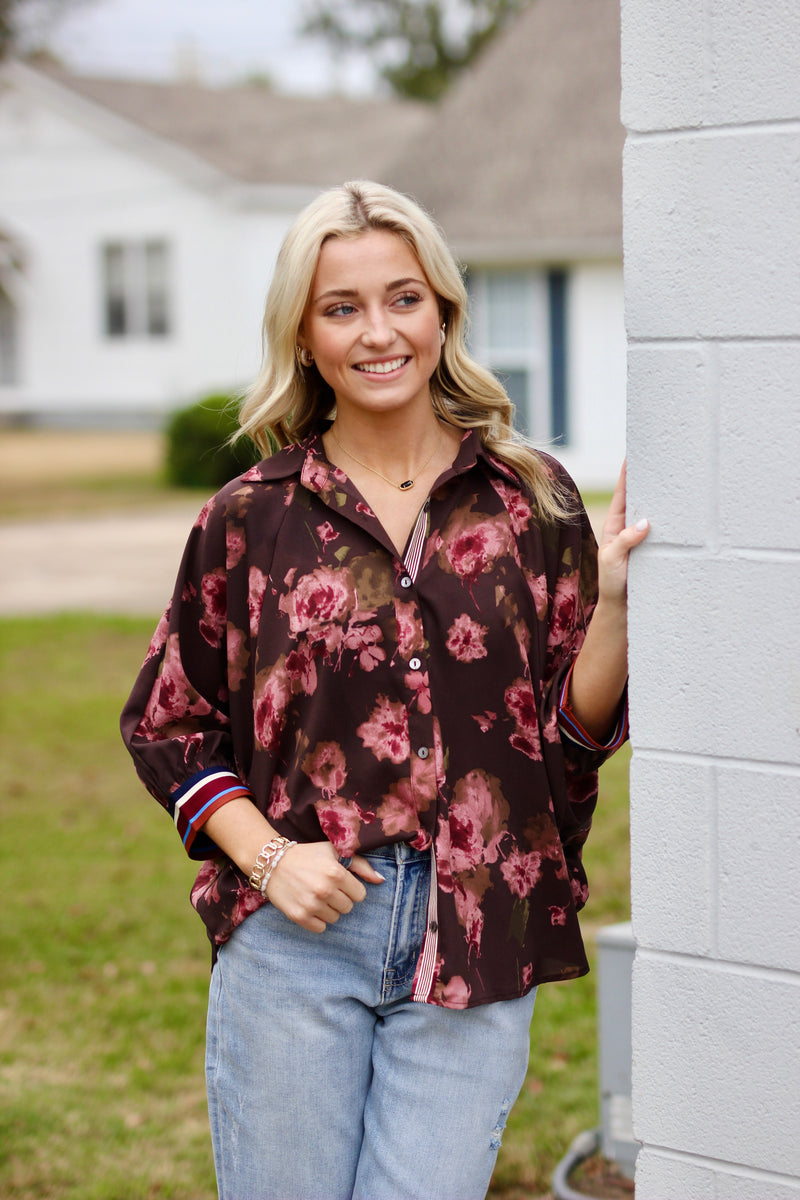 Floral print button front collar oversize shirt featuring ¾ batwing