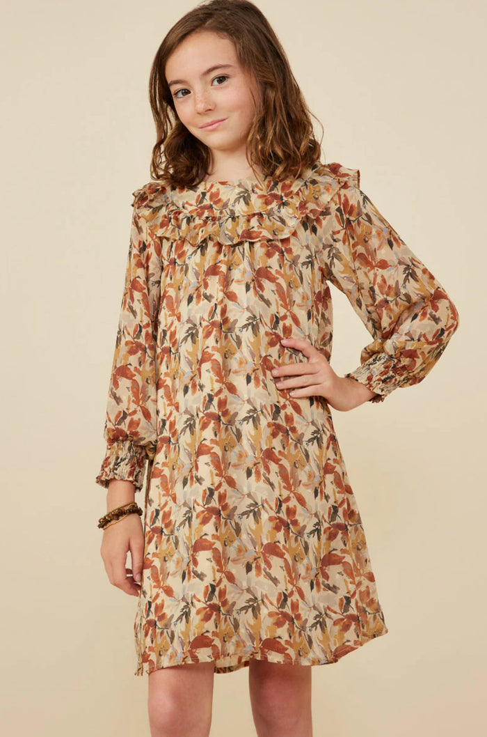 Girls Ruffle Detail Foliage Print Dress