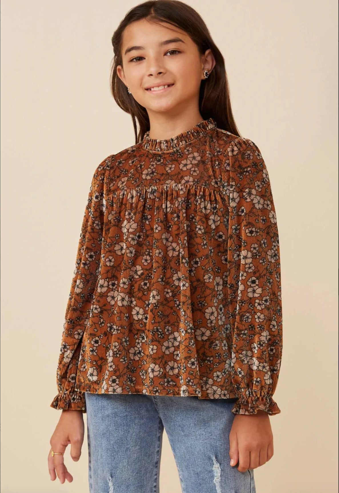 Floral Velvet Cinched Cuff Long Sleeve Top