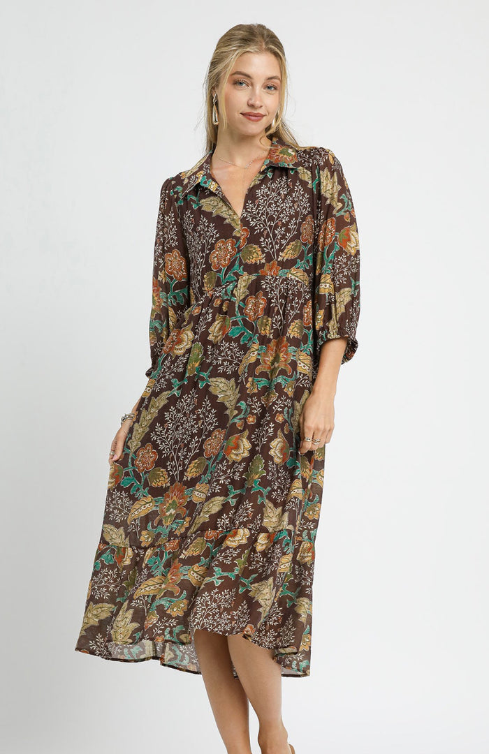 Mix Floral Collared Midi Dress
