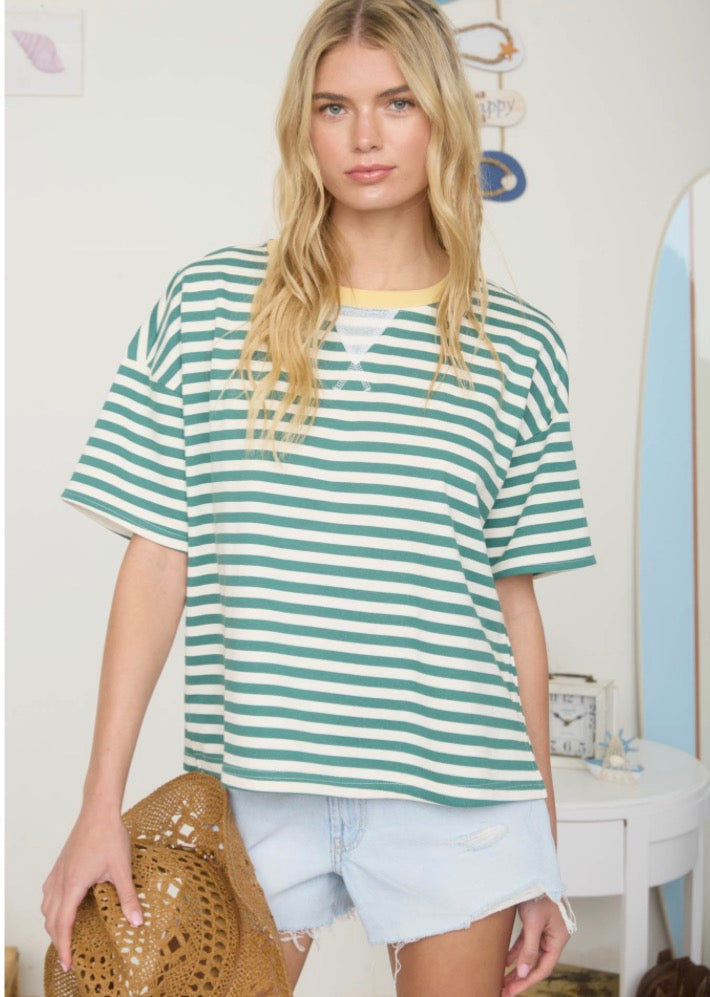 Stripe Colorblock Detail Short Sleeve Knit T-shirt