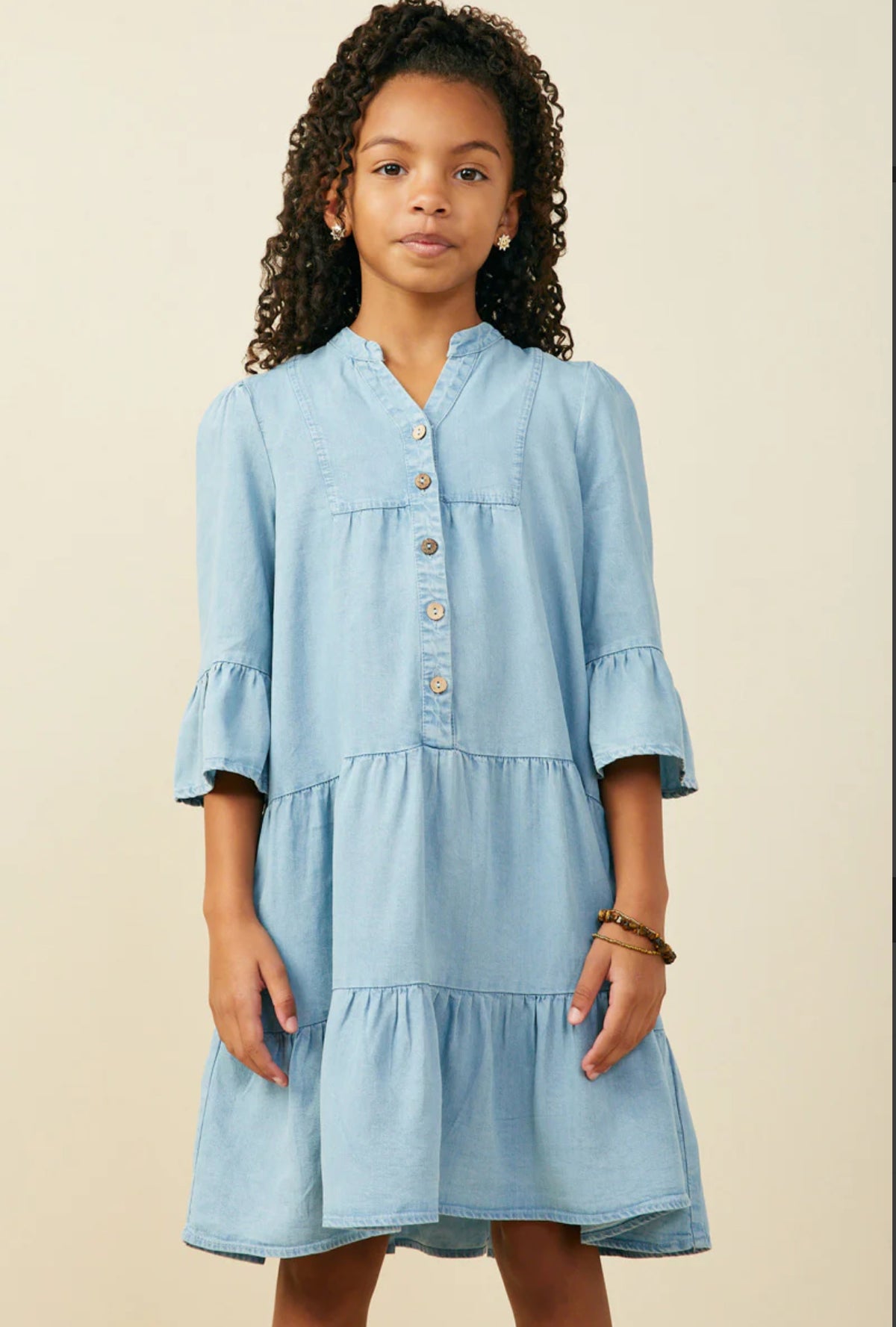 Girls Washed Button Detail Ruffle Sleeve Tencel Dress