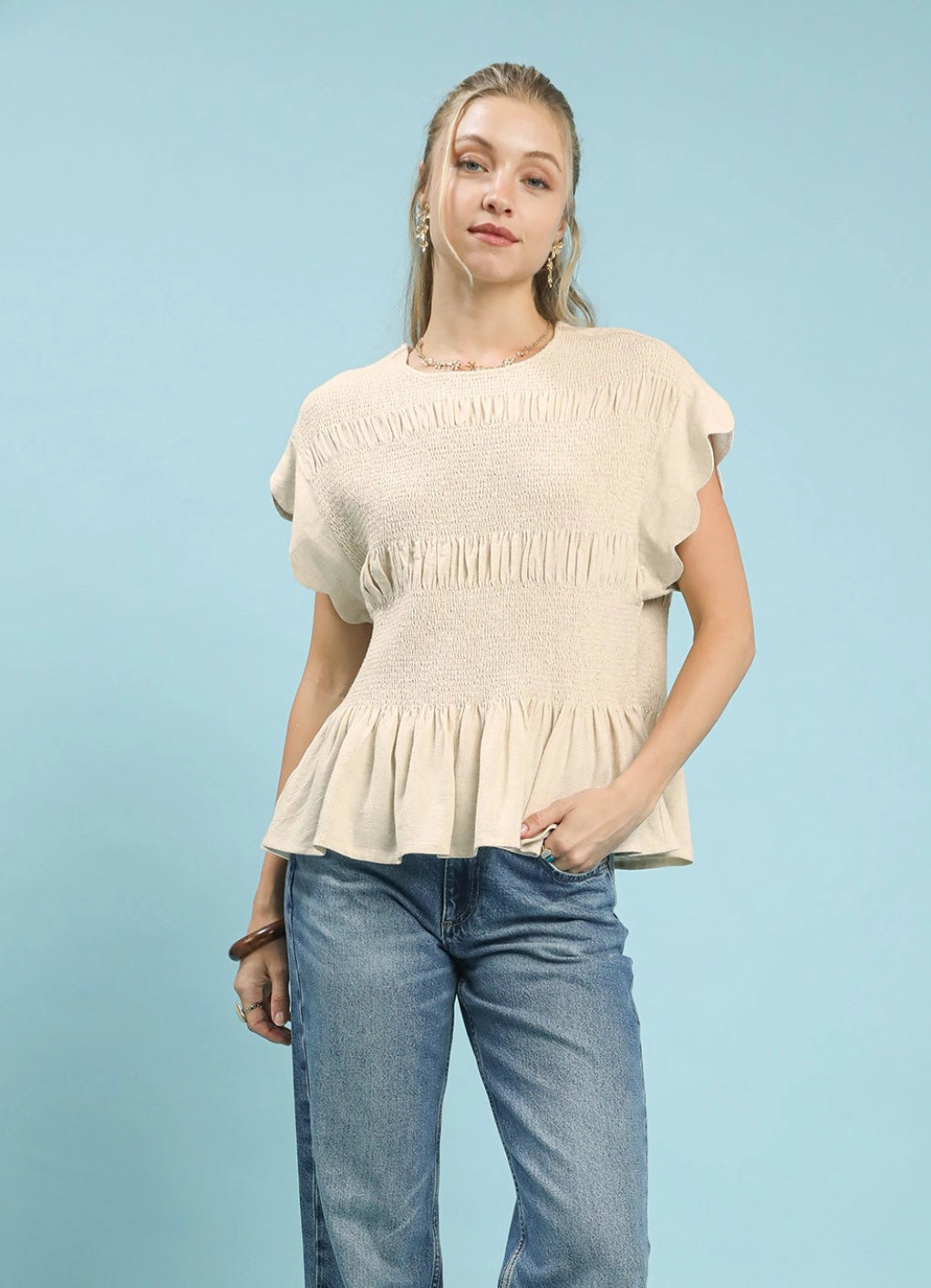 Linen Blend Smocked Peplum Top