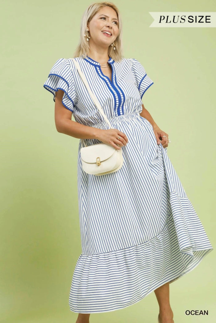 Striped Flutter Sleeve Midi Dress