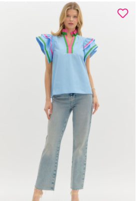 Solid flutter sleeve pullover top features multicolor accented ruffle neck