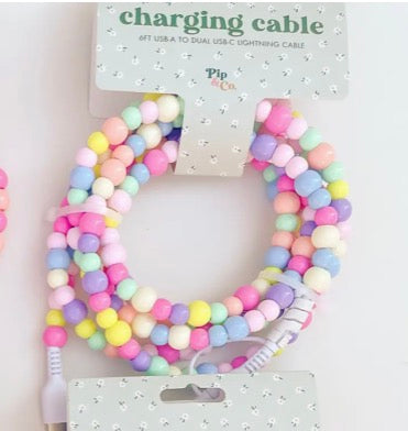 6ft Beaded Phone Charger USB-A & Dual USB-C Lightning Cable