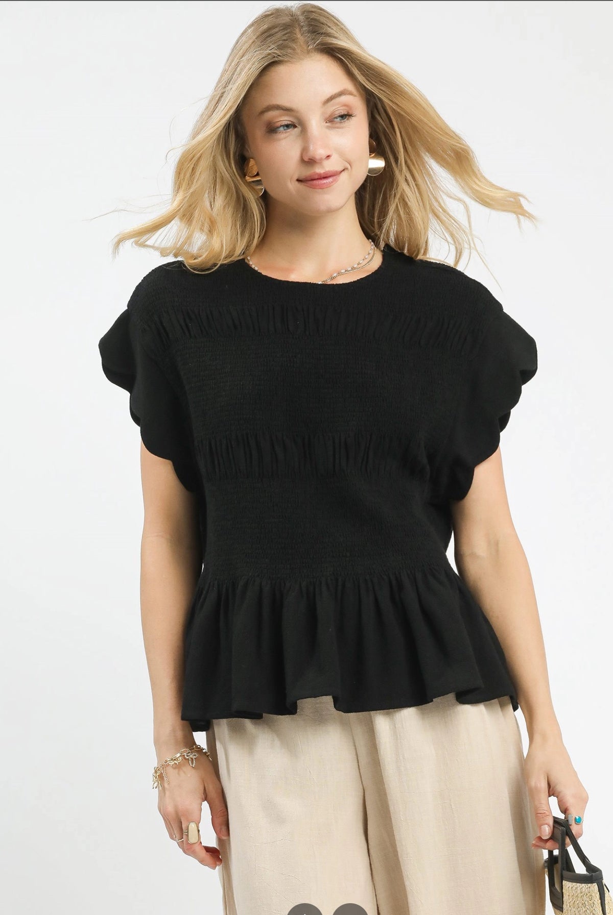 Linen Blend Smocked Peplum Top