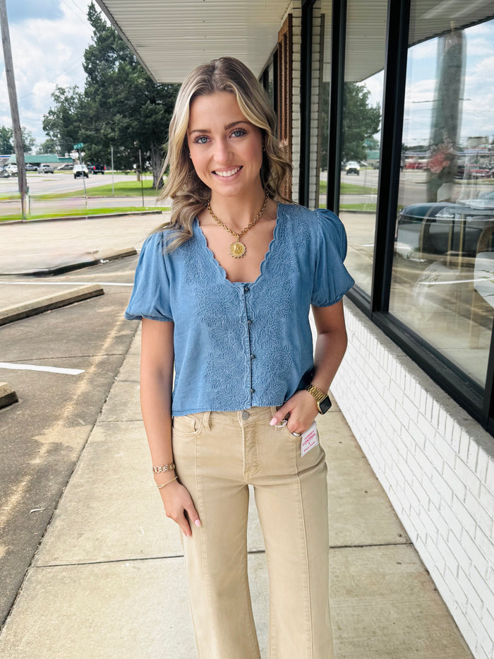 Scallop Trim Embroidery Detail Button Down Top