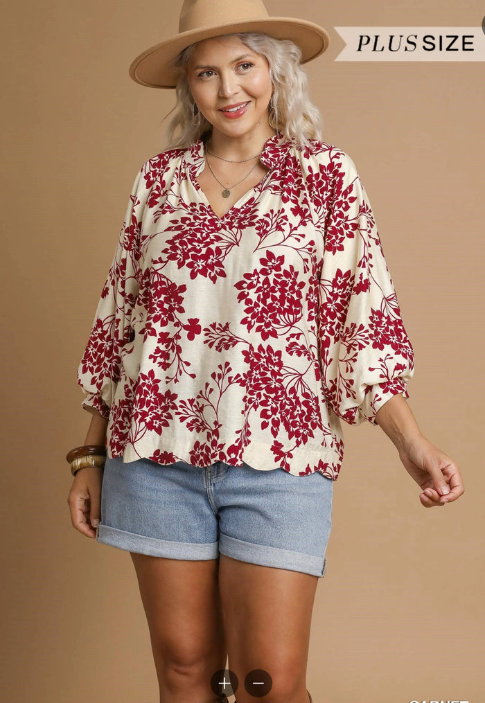 Cherry Blossom Print Scalloped Hem Blouse