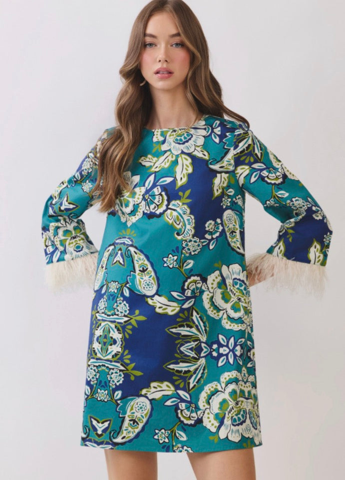 Floral Print Feather Trim Detail Mini Dress