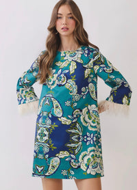 Floral Print Feather Trim Detail Mini Dress