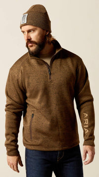 Ariat-Caldwell Logo 1/4 Zip Sweater-DARK BROWN HEATHER