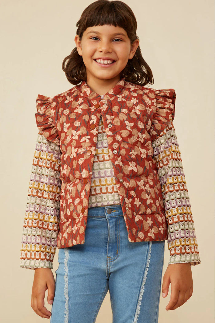 Girls Padded Floral Print Ruffled Corduroy Vest