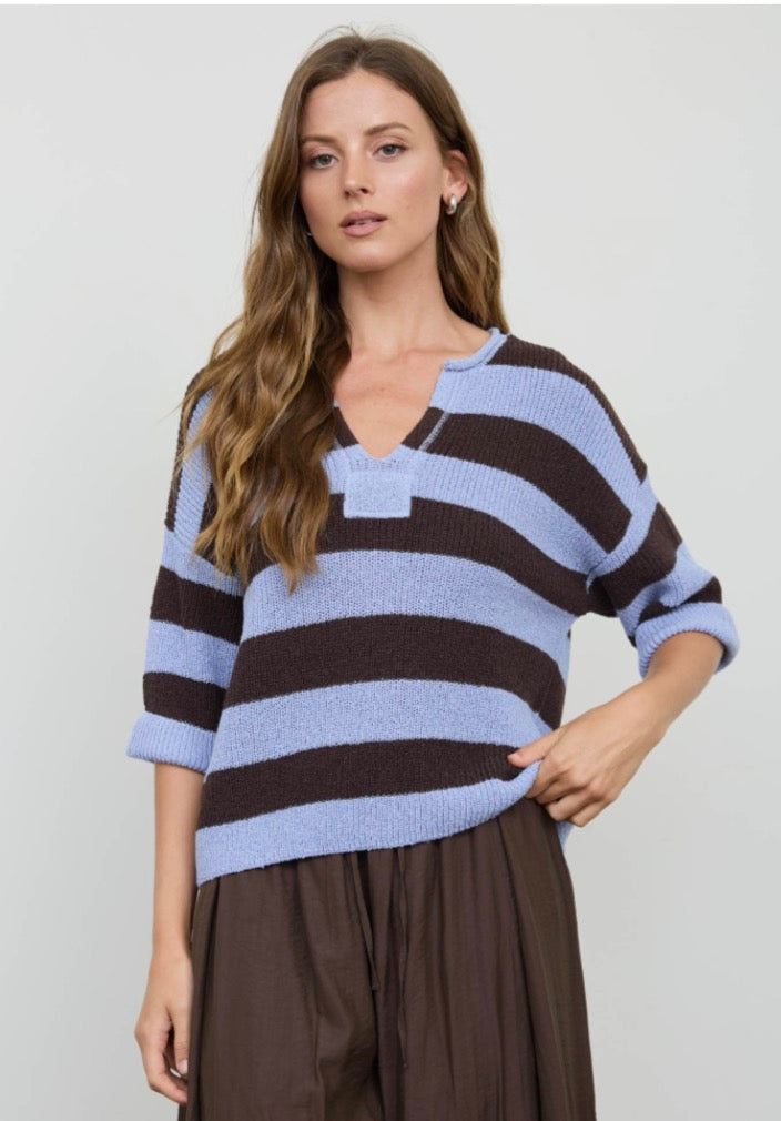 Wide Stripe Raw Split Neck Short Sleeve Sweater