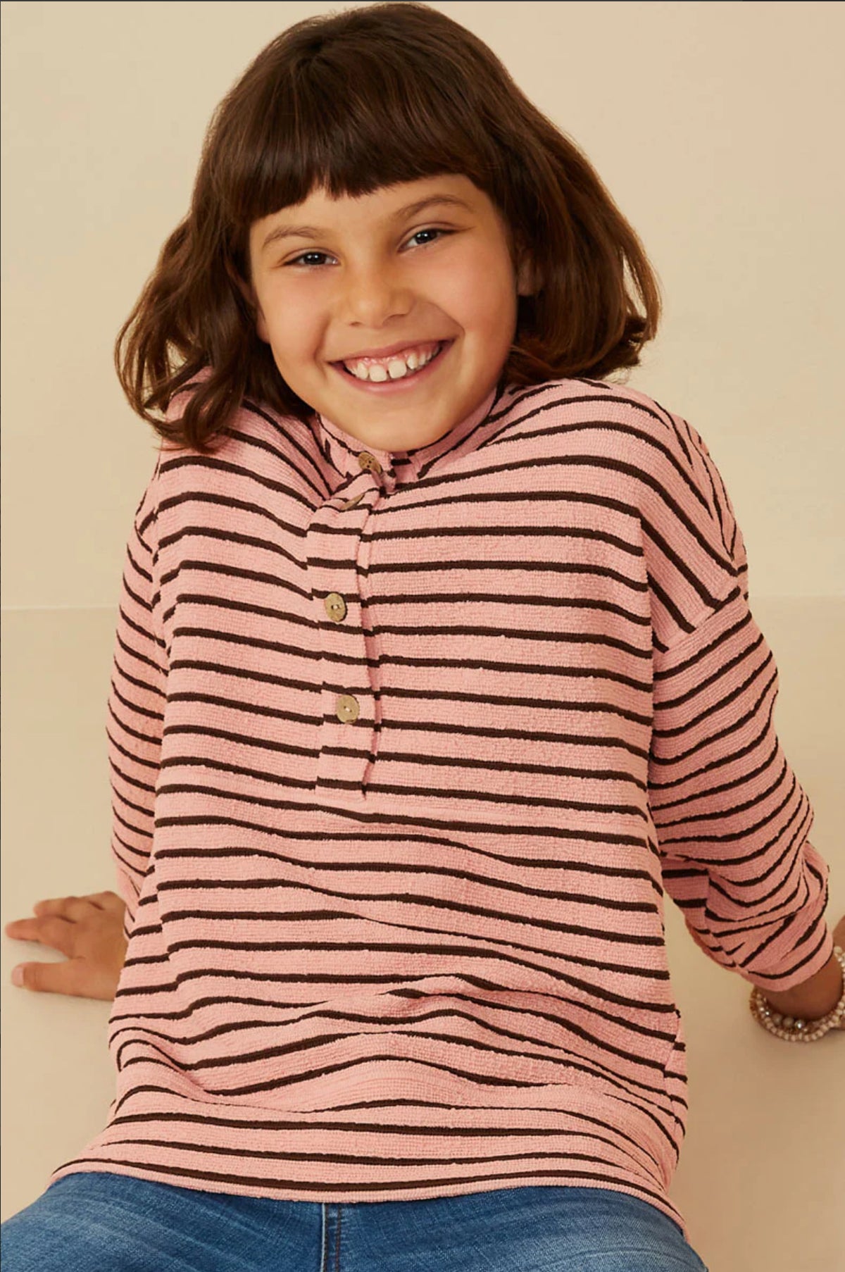 Girls Textured Stripe Knit 1/2 Button Up Top