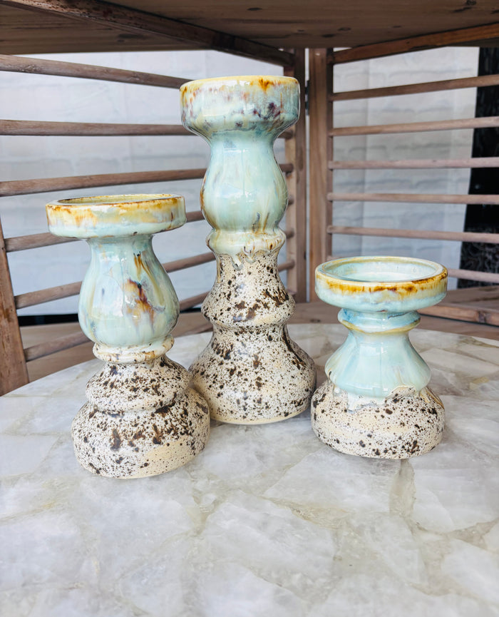 Rosaline Pottery Candle Stick Set of 3 Color Delta Blue