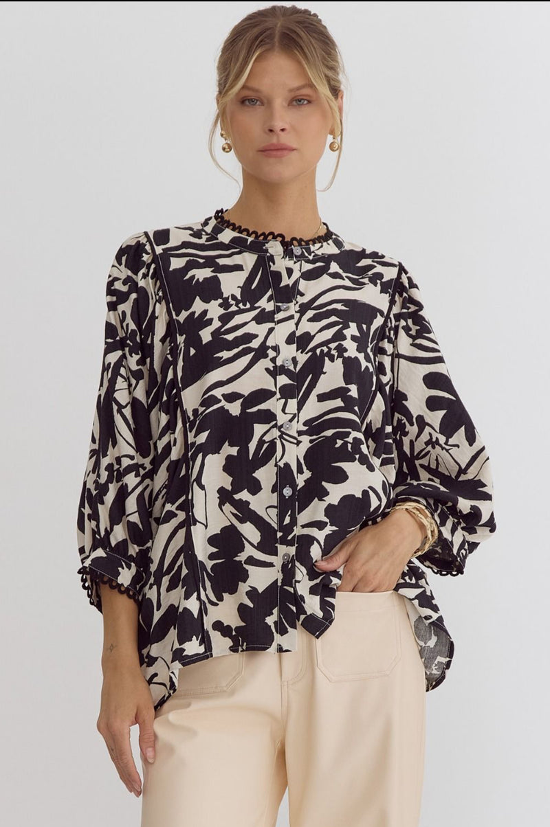 Leaf print button down 3/4 sleeve top