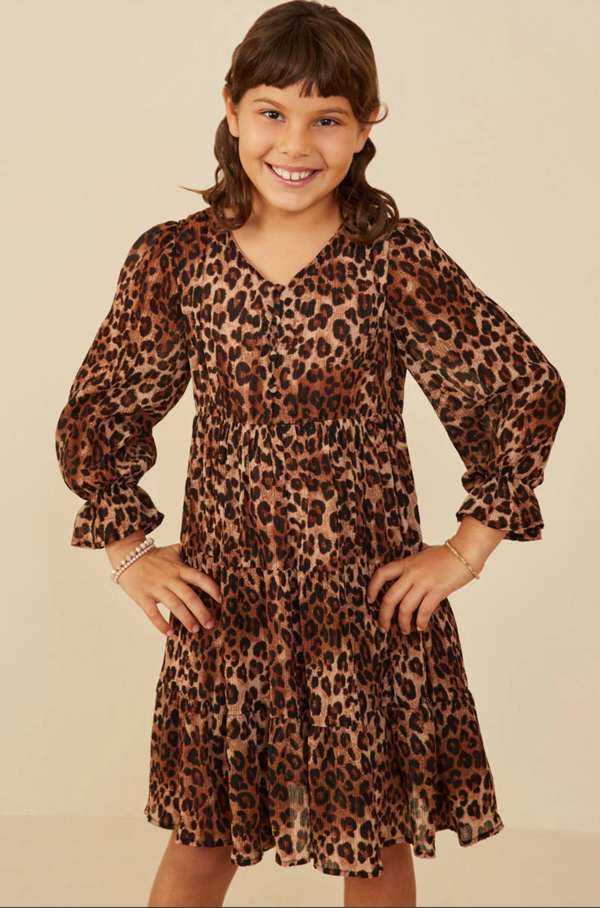 Girls Leopard Print Cinch Cuff Tiered V Neck Dress