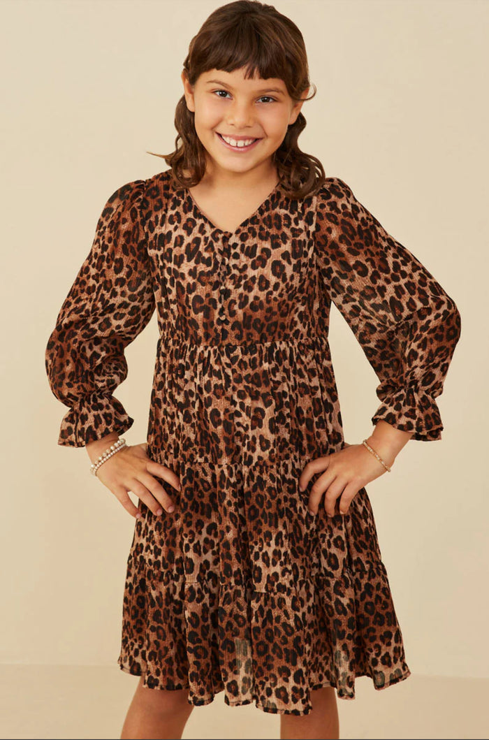 Girls Leopard Print Cinch Cuff Tiered V Neck Dress