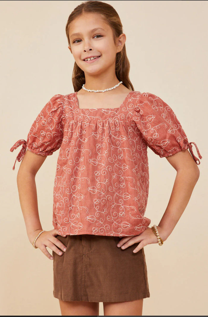 Girls Botanical Embroidered Tie Sleeve Top