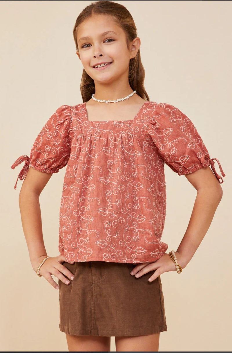 Girls Botanical Embroidered Tie Sleeve Top