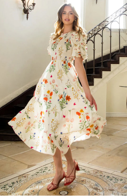 Smocked Puff Sleeve Print Maxi Dress