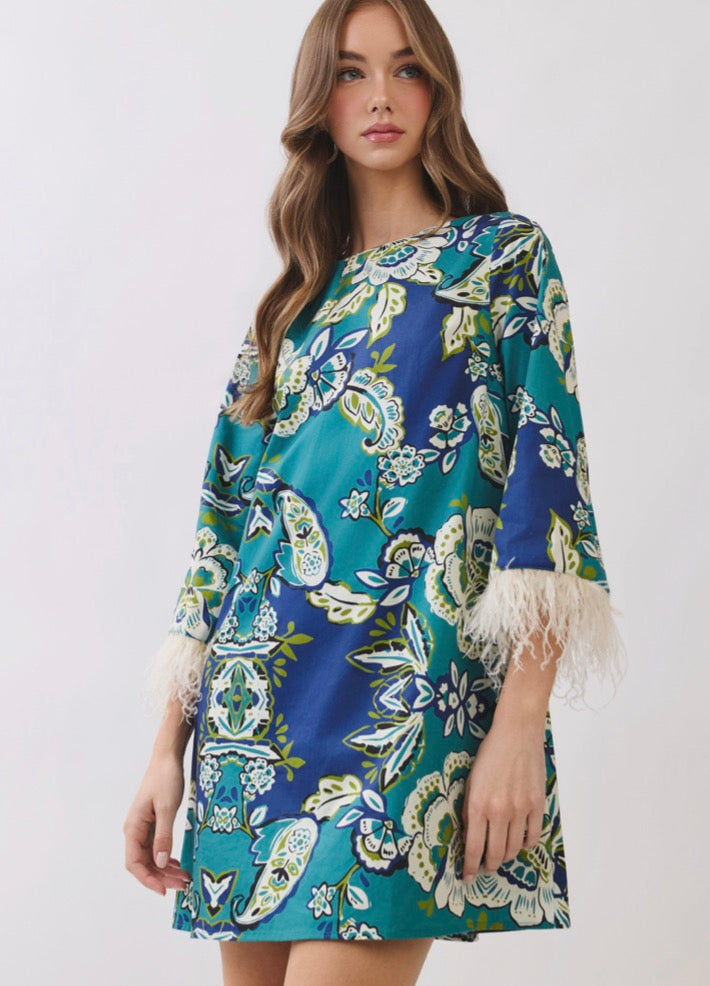 Floral Print Feather Trim Detail Mini Dress