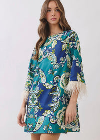 Floral Print Feather Trim Detail Mini Dress