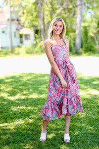 WARM ROSE PRINT FLORAL MIDI DRESS