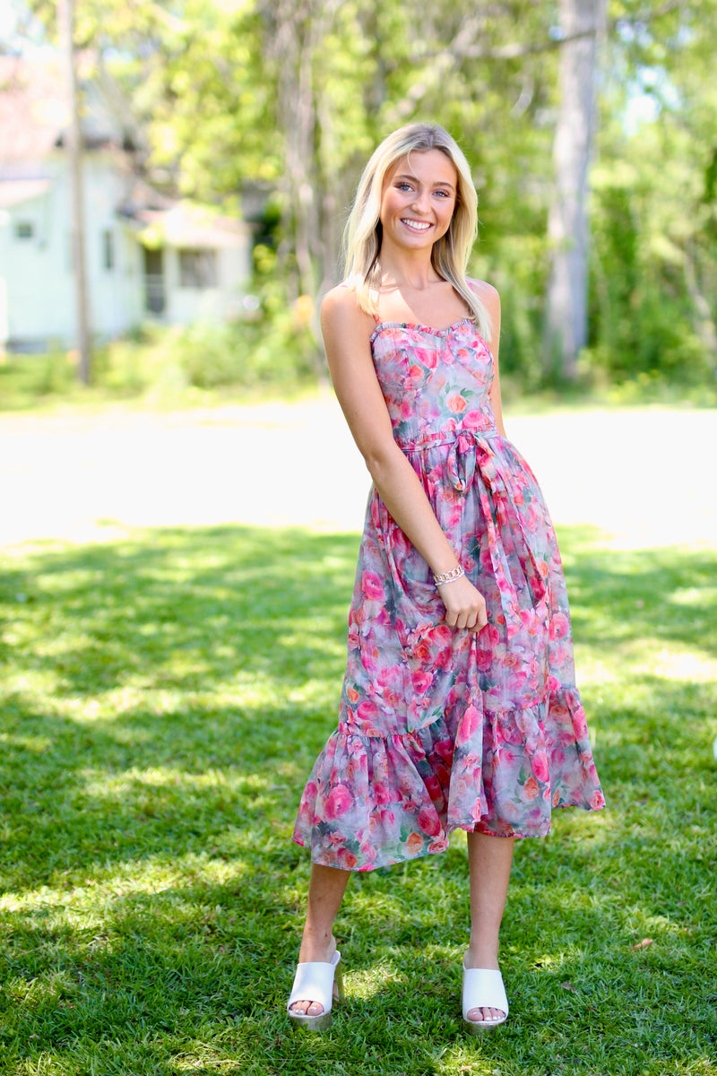 WARM ROSE PRINT FLORAL MIDI DRESS