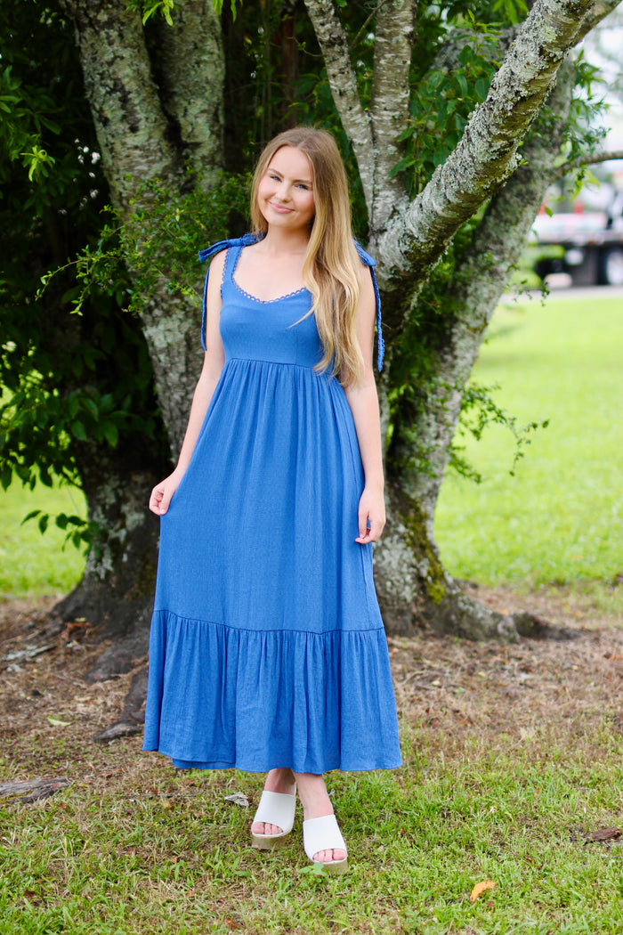 Scallop Eyelet Trim Tie Strap Midi Dress