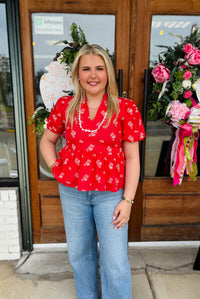 Printed Split Neck Peplum Puff Sleeve Top