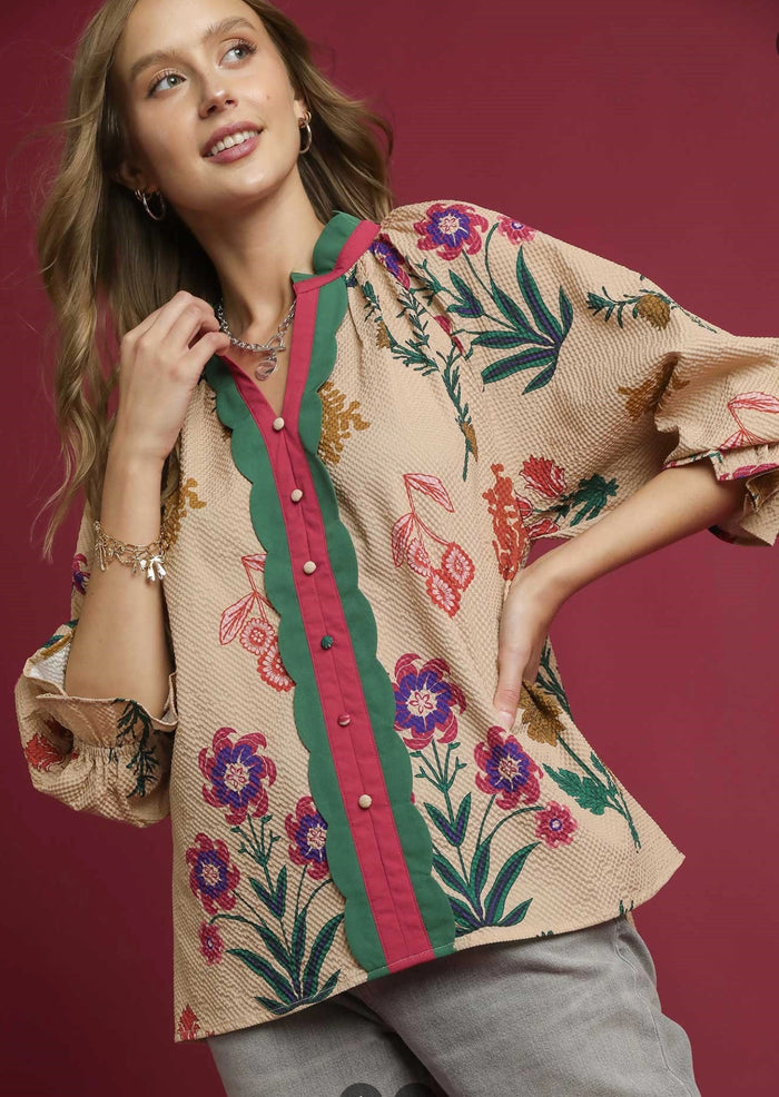 Mix Floral Textured Blouse with Scalloped Trim