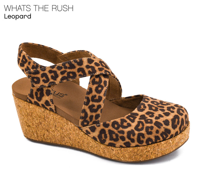 Corkys Whats The Rush Criss Cross Wedge Closed Toe Shoe Leopard