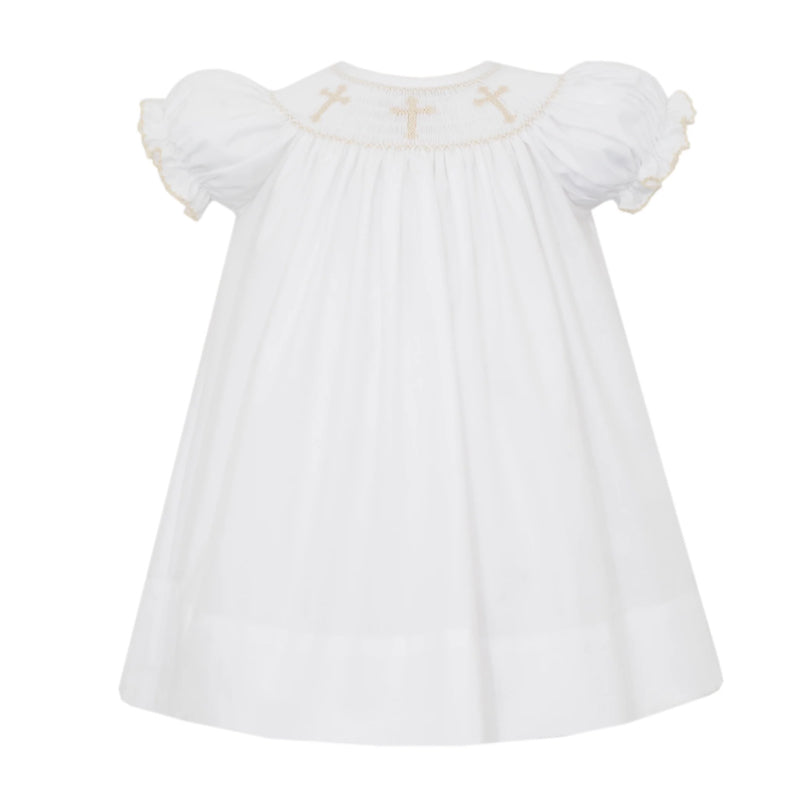 PETIT BEBE GIRLS WHITE POPLIN DRESS - SMOCKED CROSSES - BISHOP
