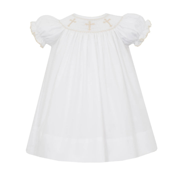 PETIT BEBE GIRLS WHITE POPLIN DRESS - SMOCKED CROSSES - BISHOP