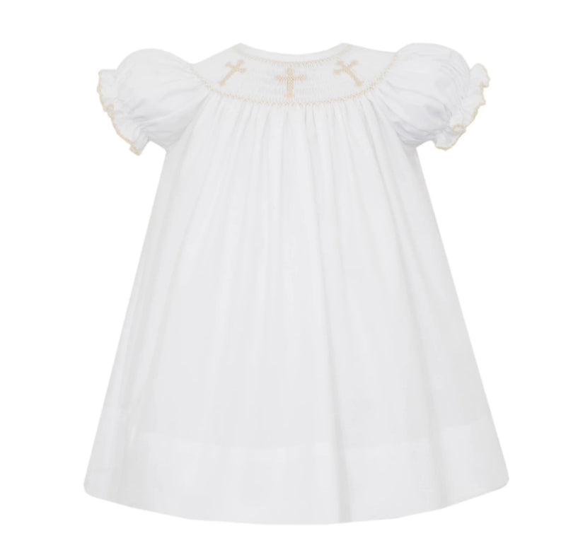 PETIT BEBE GIRLS WHITE POPLIN DRESS - SMOCKED CROSSES - BISHOP