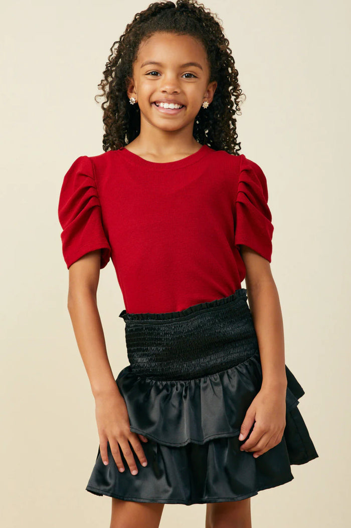 Girls Ribbed Pleated Shoulder Puff Sleeve Top