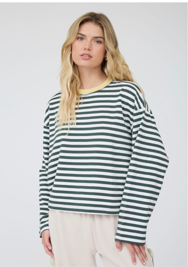 Color Block Neck Trim Long Sleeve Boxy Knit Top