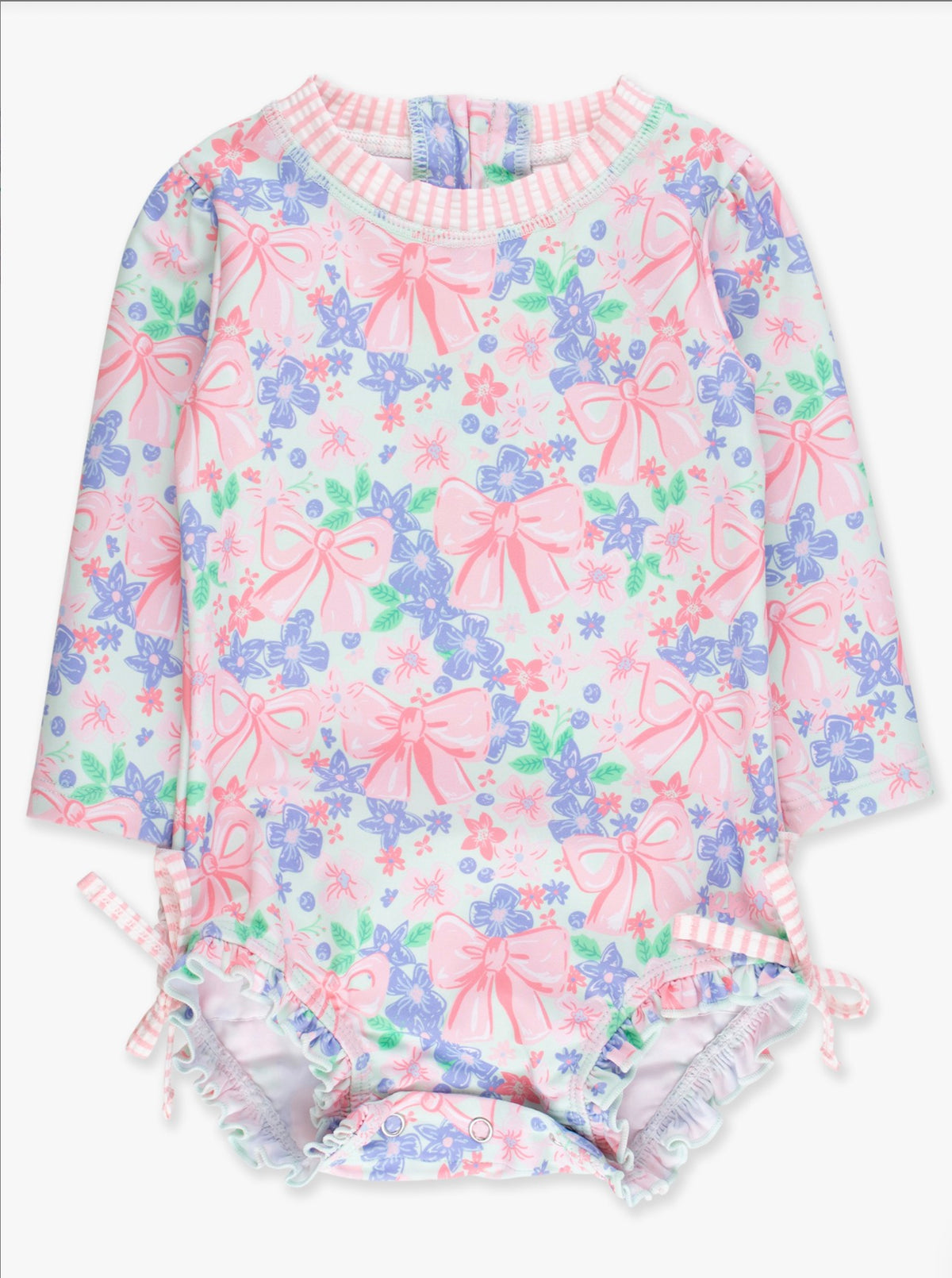 RuffleButts Long Sleeve One Piece Rash Guard Swimsuit, With Signature Rear Ruffles- Bow Blooms